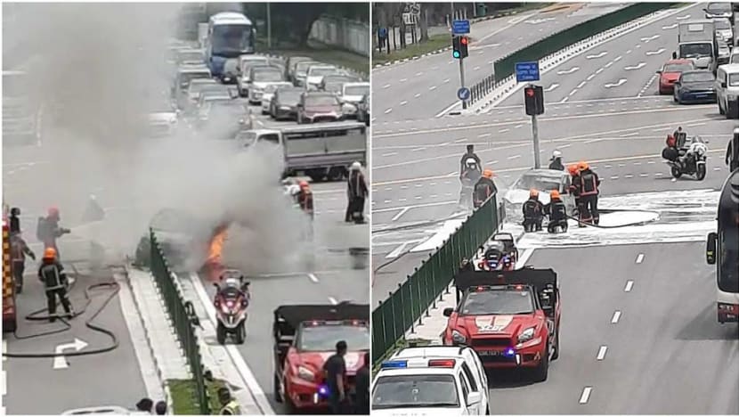 Man taken to hospital after car catches fire at road junction in Woodlands Man taken to hospital after car catches fire at road junction in Woodlands