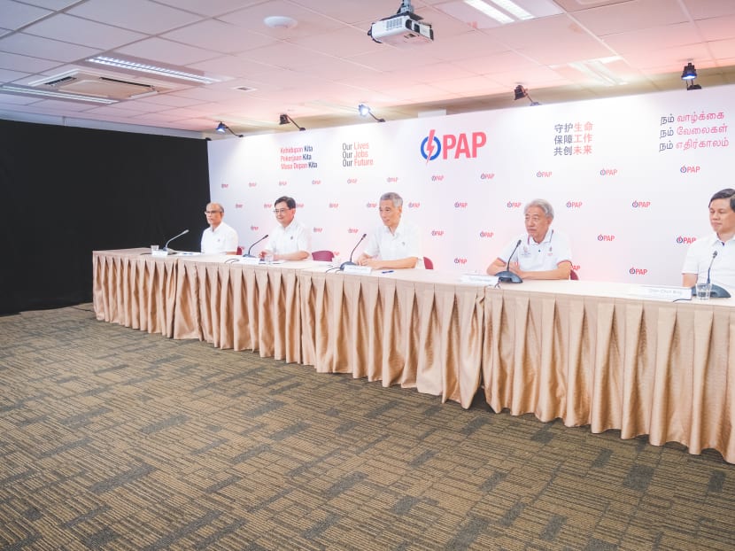 From left: Mr Masagos Zulkifli, Mr Heng Swee Keat, Mr Lee Hsien Loong, Mr Teo Chee Hean and Mr Chan Chun Sing at a virtual People's Action Party press conference held after candidates filed their nomination papers on June 30, 2020.