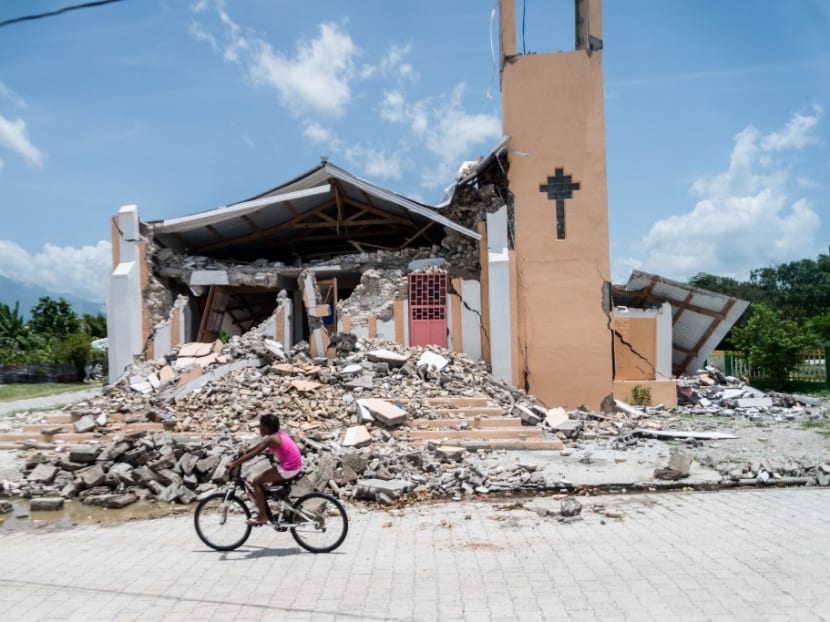 The Church St Anne is seen completely destroyed by the earthquake in Chardonnieres, Haiti on August 18, 2021.