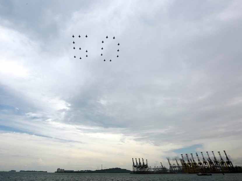 F-16 aircraft from The Republic of Singapore Air Force and the Indonesian Air Force combine to perform a "50" formation over the Marina South area during a rehearsal on Tuesday afternoon. The special display is to commemorate 50 years of diplomatic relations between Singapore and Indonesia. Photo: Nuria Ling/TODAY