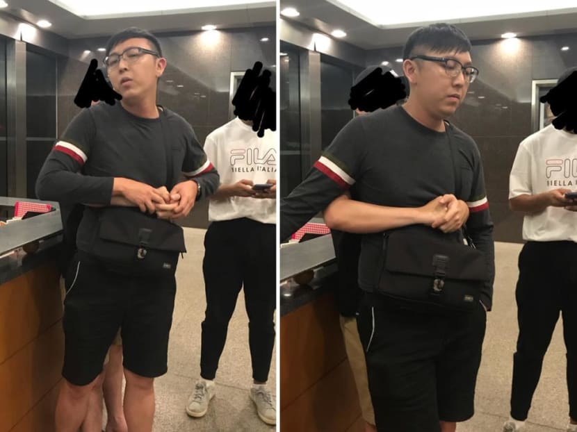 Peeping tom Bryan Fang Zhongquan was caught when an eagle-eyed victim spotted his mobile phone under the partition separating the two cubicles.