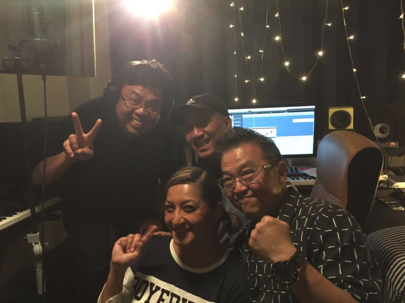 While recording in the studio for the song 'A Man Of The People' (From Left:) Film Actor Suhaimi Yusof, Sound Engineer Sebastian Leong, Singer Beverly Morata and Singer-songwriter Clement Chow. Photo: Clement Chow