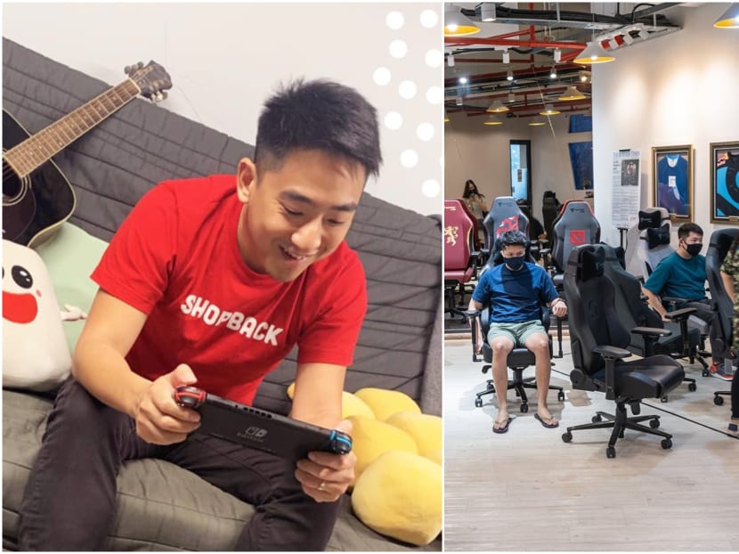 A ShopBack employee getting some play time (left) and the showroom of Secretlab. The two companies are named by LinkedIn as startups to watch.