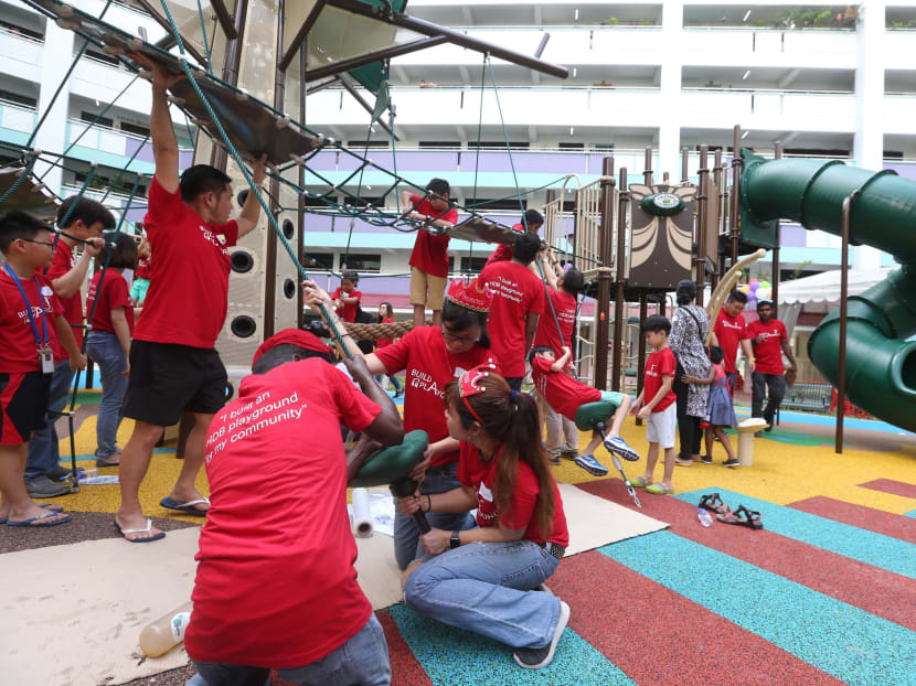 The new 185sqm playground in Canberra — about the size of two four-room flats — drew inspiration from kelongs or fishing jetties that were once found in Sembawang. Photo: Ooi Boon Keong/TODAY