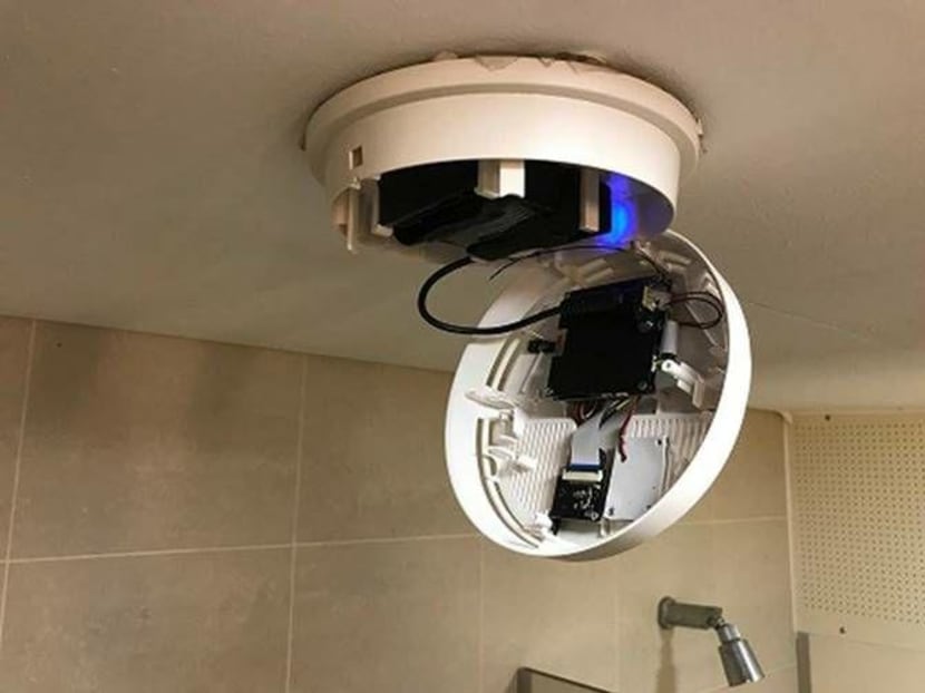 A photo of a smoke detector where a camera was hidden in a female toilet at the College of Alice and Peter Tan in the National University of Singapore.