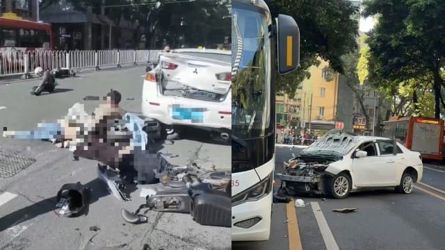 中国广州汽车冲撞骑士和路人 11人受伤 