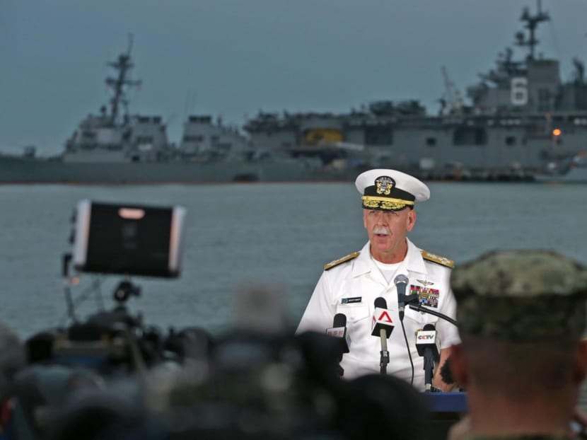 United States Pacific Fleet Commander Admiral Scott Swift yesterday paid tribute to the crew on board the USS John S McCain for their heroic efforts, in the aftermath of the warship’s collision with an oil and chemical tanker on Monday. Photo: Wee Teck Hian/TODAY