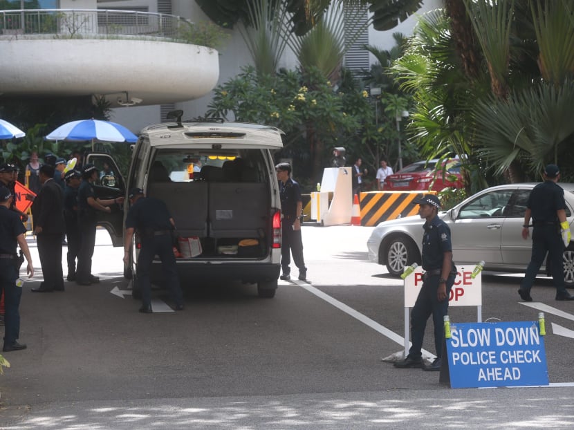 A file photo of security personnel checking a vehicle at a checkpoint outside The Shangri-La Hotel during a previous edition of the high-security summit known as the Shangri-La Dialogue. TODAY file photo