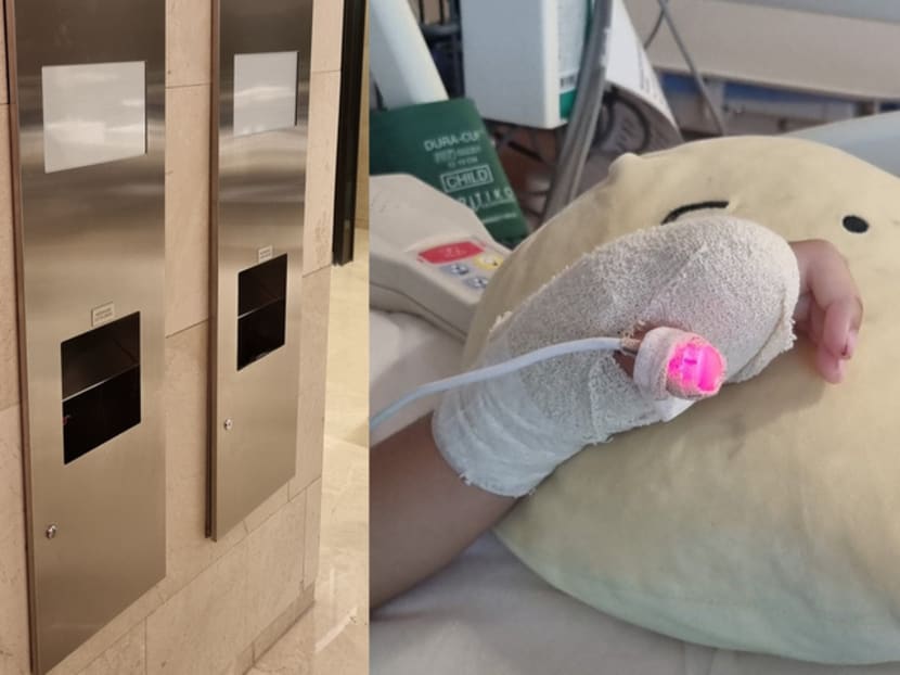 The air dryer at Ion Orchard where Kara Chia is said to have lost half of her finger (left); the bandaged left hand of the the five-year-old as she lies in the hospital.