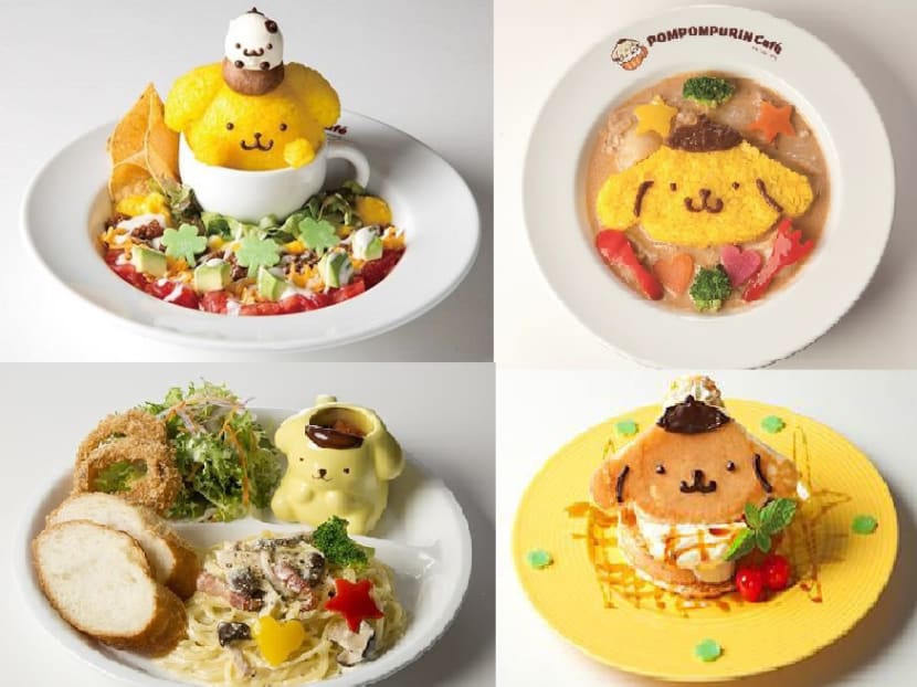 Some of the items at the Pompompurin Cafe include (clockwise from top left) Taco Rice in a Cup of Friendship (S$19.99), coconut milk chicken curry (S$17.99); banana and caramel pancake (S$16.99) and bacon and mushroom carbonara (S$26.99). Photo: Sanrio.