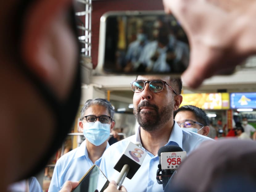 Mr Pritam Singh, Workers’ Party candidate for Aljunied GRC, speaks to the media before a walkabout at Kovan Market and Food Centre on July 2, 2020.