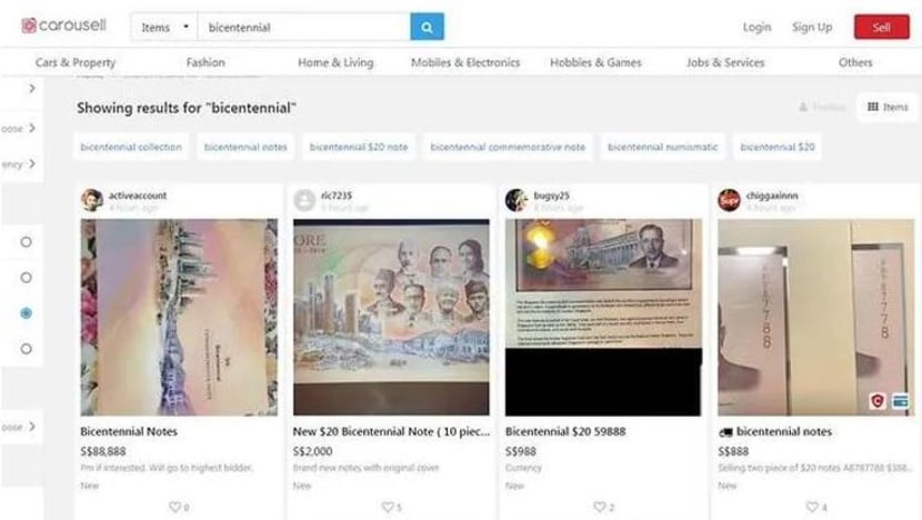 Wang kertas Bicentennial S$20 dijual setinggi S$988 di Carousell