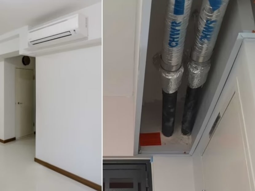 The centralised cooling system in a four-room flat in Tengah (left), and the system's pipes running into a unit from the front door (right).
