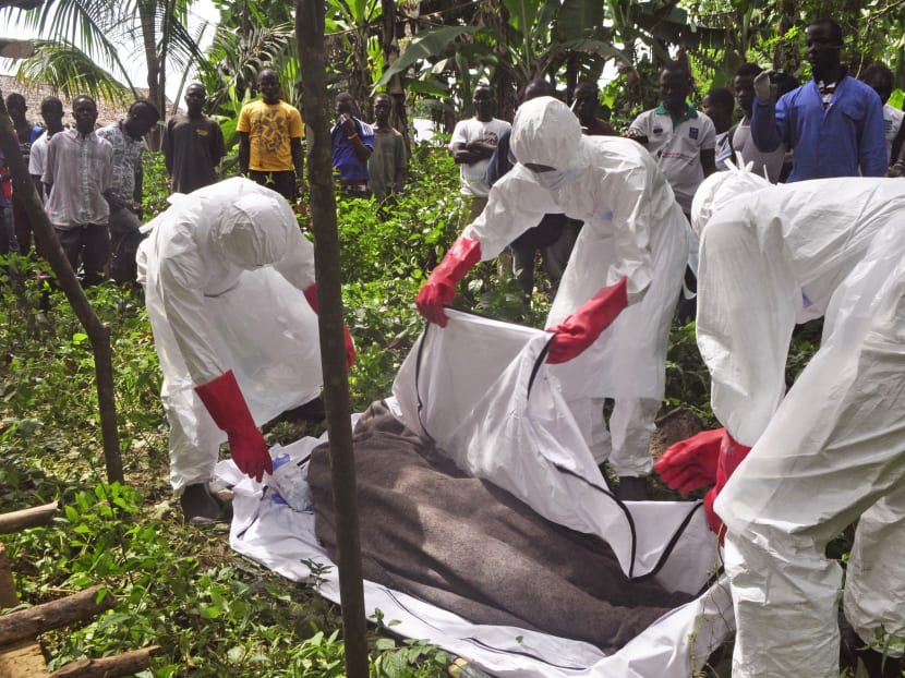 Hearth workers cover the body of a man suspected of dying from the Ebola virus on the outskirts of Monrovia, Liberia, Friday, Oct 31, 2014. Canada has become the second country to bar visa applications from West African countries stricken with Ebola. Photo: AP