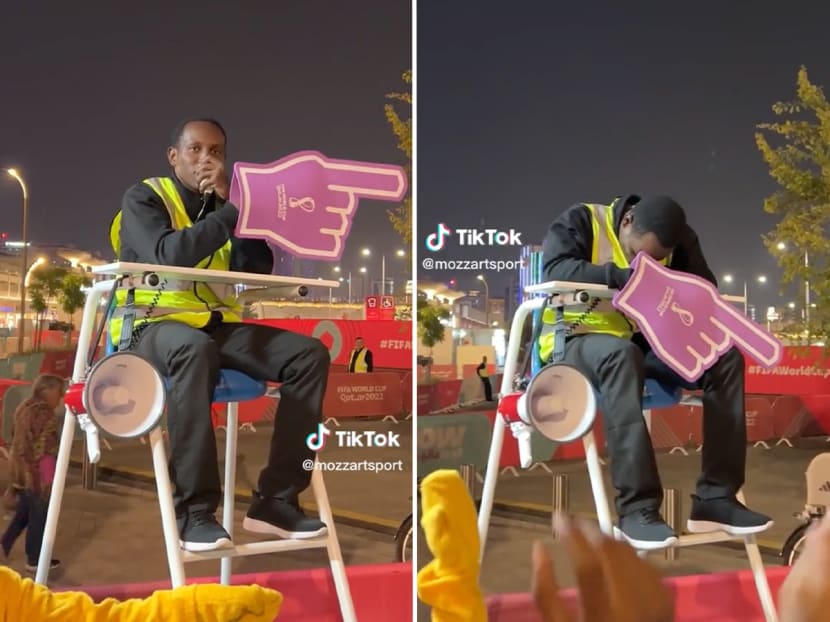 A man known fondly as "metro guy" on social media shouting "metro" into his megaphone while directing crowds towards a subway station at the World Cup football tournament in Qatar.
