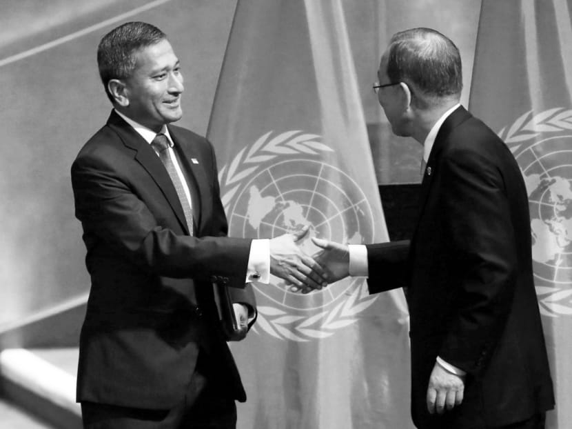 UN Secretary-General Ban Ki-moon (right) with Singapore’s Foreign Minister Vivian Balakrishnan at a special ‘High-Level Event on Entry into Force of the Paris Agreement on Climate Change’ meeting in New York last week. The move by the global community to act on climate change is important as it significantly catalyses climate action around the world and demonstrates support of the countries that have joined the agreement. PHOTO: REUTERS