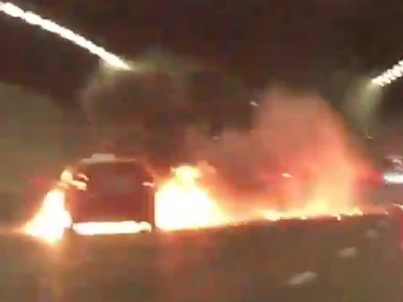 Still image taken from video shows a Trans-cab taxi as it explodes within the KPE tunnel towards the TPE on Aug 29, 2017 evening. Photo: Social media