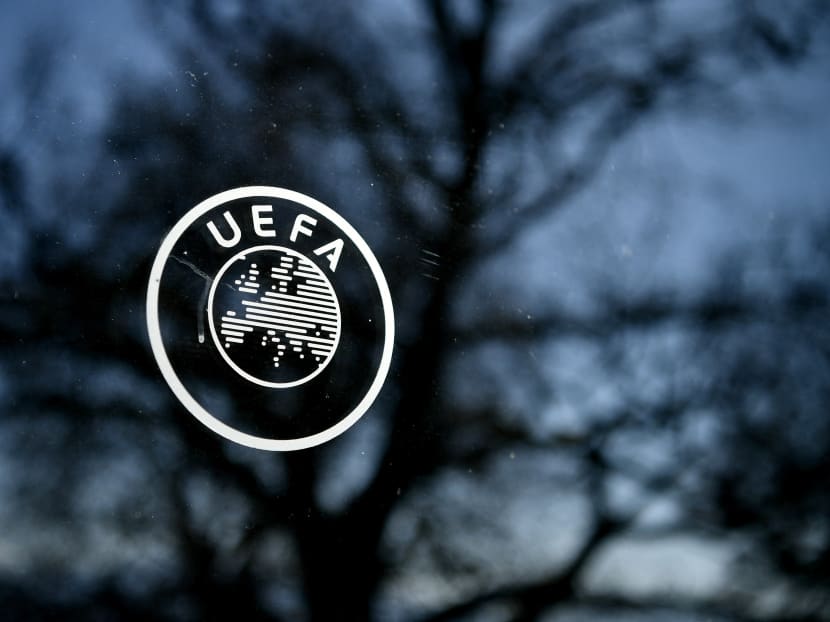 The UEFA logo is seen the organisation's headquarters in Nyon, Switezerland on Feb 28, 2020.