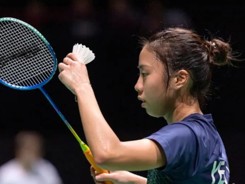 Singapore's Yeo Jia Min serves a shuttlecock to Vietnam's Thi Trang Vu during their women's singles round of sixteen match at the BWF Badminton World Championships in the St Jakobshalle in Basel, Switzerland, on Aug 22, 2019.