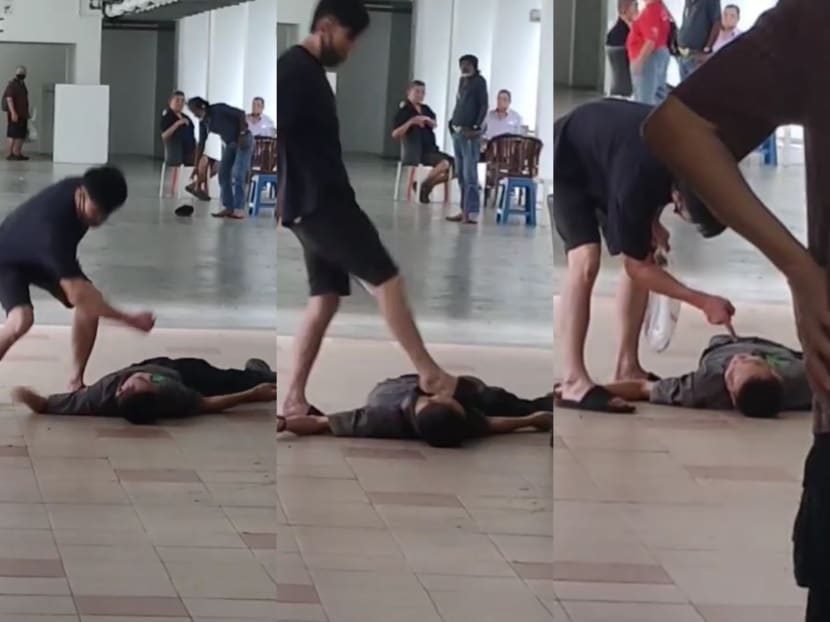 In videos that have surfaced online, a man in a dark-coloured T-shirt can be seen raining blows on another man who was unresponsive on the ground.