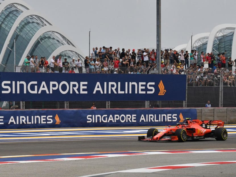 Ferrari driver Charles Leclerc at the first practice session for the Formula One Singapore Grand Prix on the Marina Bay Street Circuit in September 2019. He took pole position for the race but was beaten by his teammate then Sebastian Vettel.