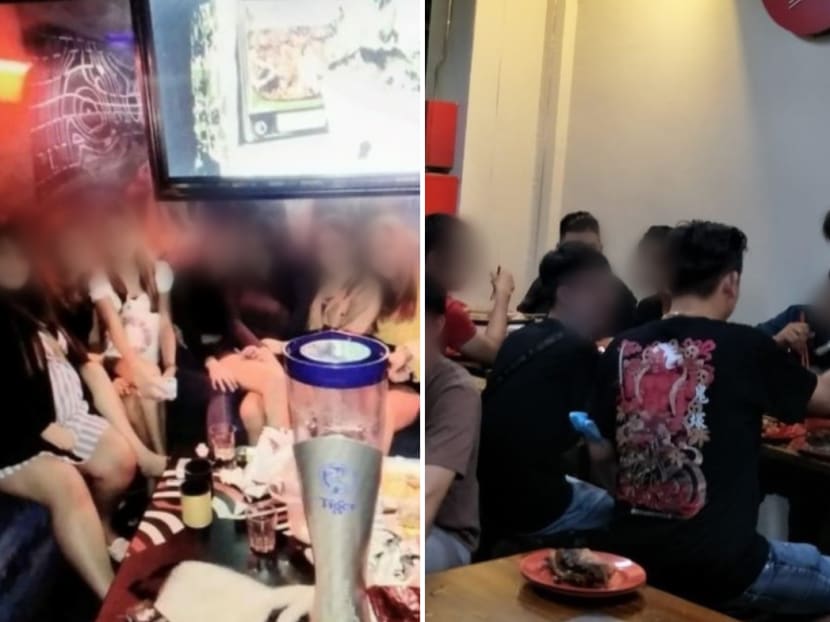 A group of 11 people were seen seated together at a table at One Min Club on 19 Dec, 2020 (left), while a group of eight patrons were spotted intermingling at Chong Qing Steamboat on the same day (right).