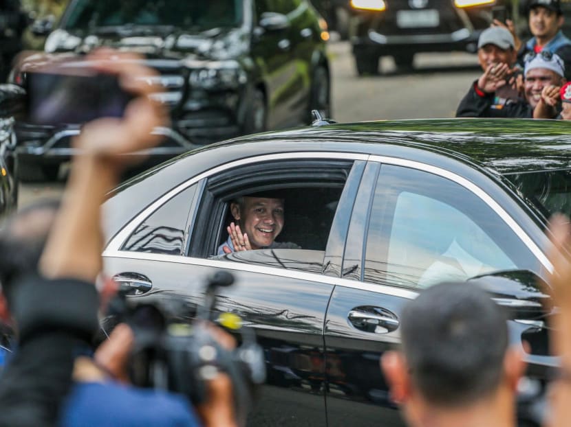 Central Java governor Ganjar Pranowo waves to journalists after he was selected by the country's largest political party, Indonesian Democratic Party of Struggle, as its candidate for the 2024 presidential election in Bogor on April 21, 2023.