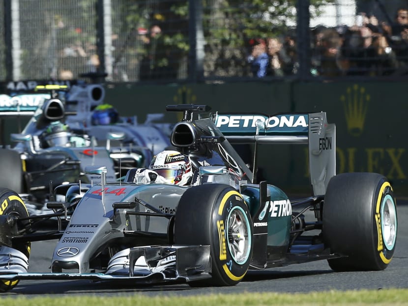 Mercedes Formula One driver Lewis Hamilton of Britain drives ahead of his teammate Nico Rosberg of Germany during the Australian F1 Grand Prix. Photo: Reuters