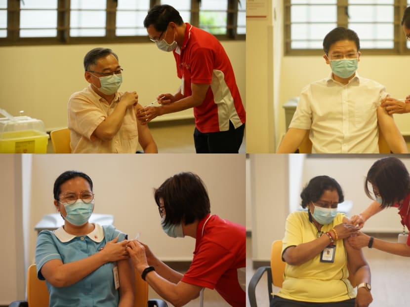 Clockwise from top left: Health Minister Gan Kim Yong, Education Minister Lawrence Wong and employees at Kwong Wai Shiu Hospital getting vaccinated against Covid-19 on Jan 13, 2021.