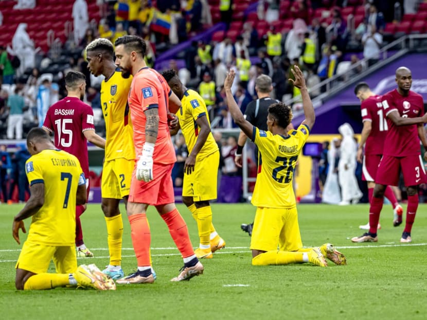 Ecuadorian soccer players celebrate their victory after winning the opening match against host nation Qatar on Nov 20, 2022. Ecuadorian soccer players celebrate their victory after winning the opening match against host nation Qatar on Nov 20, 2022.