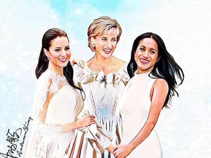 Princess Diana (centre) with Meghan Markle (right) and Kate Middleton — one of a new series of what-if paintings by Singaporean artist Autumn Ying. Photo @autumn.ying/Instagram