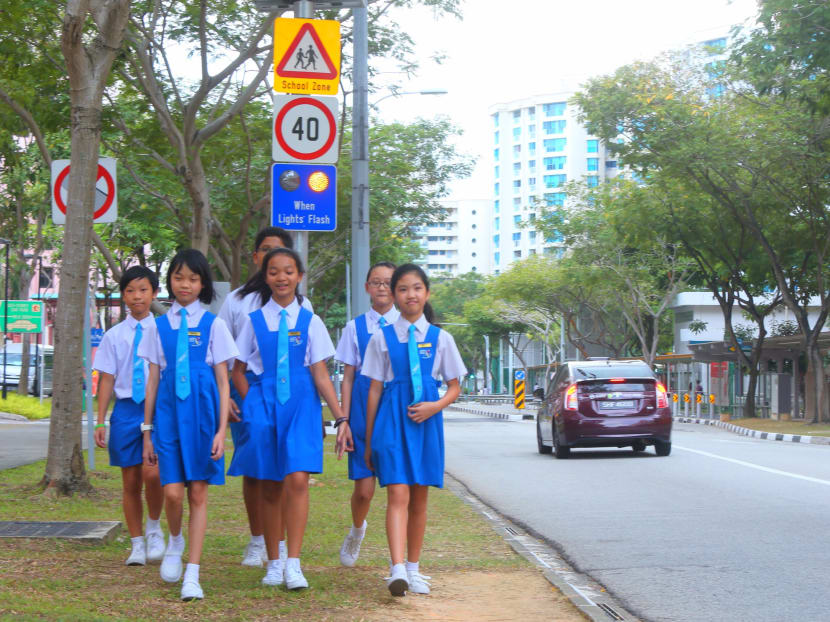 The safety measures include a three-tiered sign comprising a “Children Ahead, School Zone” sign, a “40km/h” speed-limit sign, and a pair of amber light-emitting diode (LED) lights. Photo: Ernest Chua