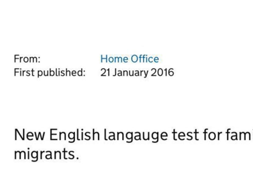 Britain's Home Office misspelled the word "language" when it announced a new English language test for migrants. Photo: ‏@SophyRidgeSky/Twitter