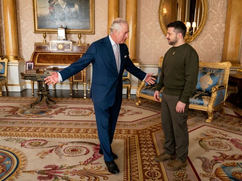 FILE PHOTO: Britain's King Charles III meets Ukrainian President Volodymyr Zelenskiy during his first visit to the U.K since the Russian invasion of Ukraine at Buckingham Palace, London, Wednesday February 8, 2023. Aaron Chown/Pool via REUTERS/File Photo
