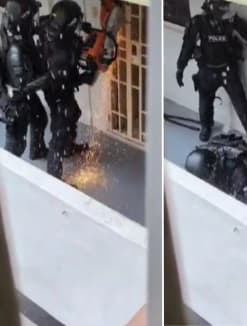 Screenshots from a video by TikTok user "zailia7276" showing police officers using a saw to breach a residential unit's main gate before entering.