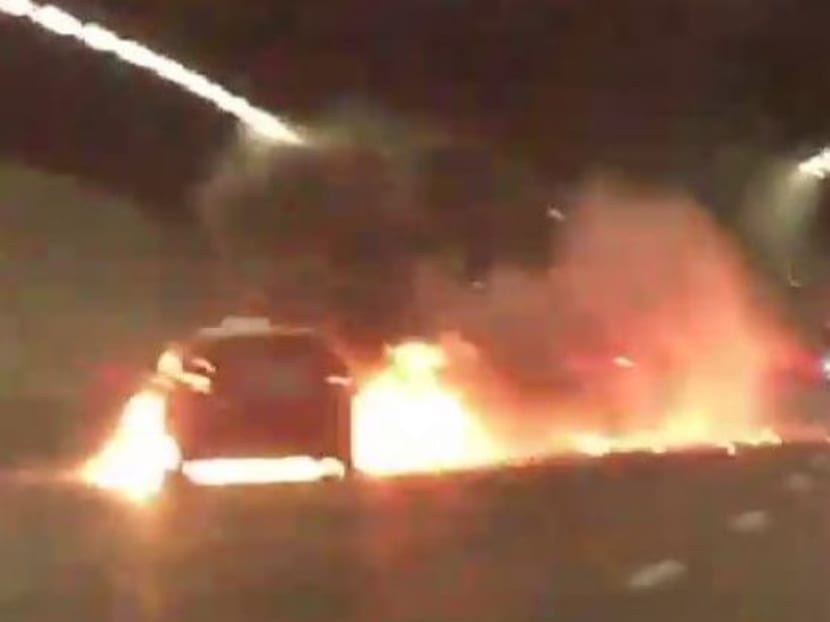 Still image taken from video shows a Trans-cab taxi as it explodes within the KPE tunnel towards the TPE on Aug 29, 2017 evening. Photo: Social media