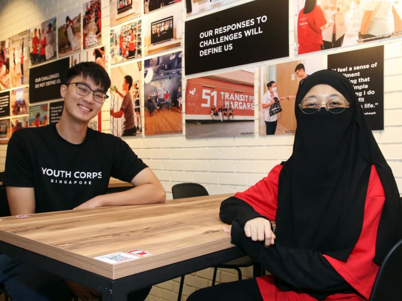 Youth mental health volunteers Nur Fiqriya Muhammad Esa and Cameron Tan Shi Ern at The Red Box@Somerset on Oct 7, 2022. Youth mental health volunteers Nur Fiqriya Muhammad Esa and Cameron Tan Shi Ern at The Red Box@Somerset on Oct 7, 2022.