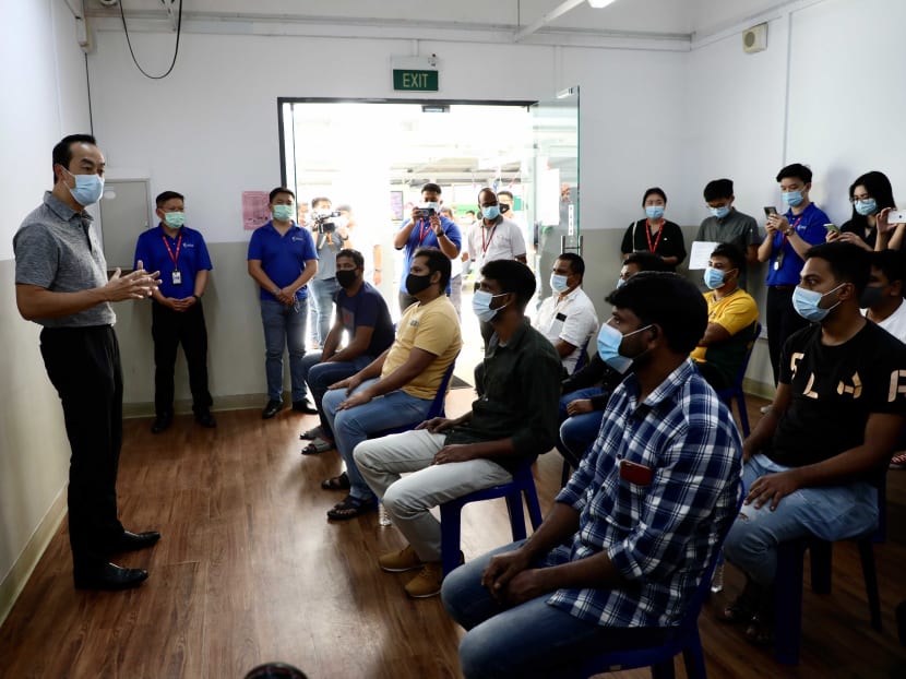 Dr Koh Poh Koon (left), Senior Minister of State for Manpower, speaking to residents of Westlite Mandai Dormitory on Sept 9, 2021. Dr Koh Poh Koon (left), Senior Minister of State for Manpower, speaking to residents of Westlite Mandai Dormitory on Sept 9, 2021.