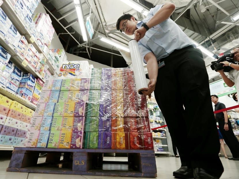 FairPrice today pulled two of its housebrand products as well as 16 APP-related products, which include brands like Paseo and NICE, from its stores. Photo: Jason Quah