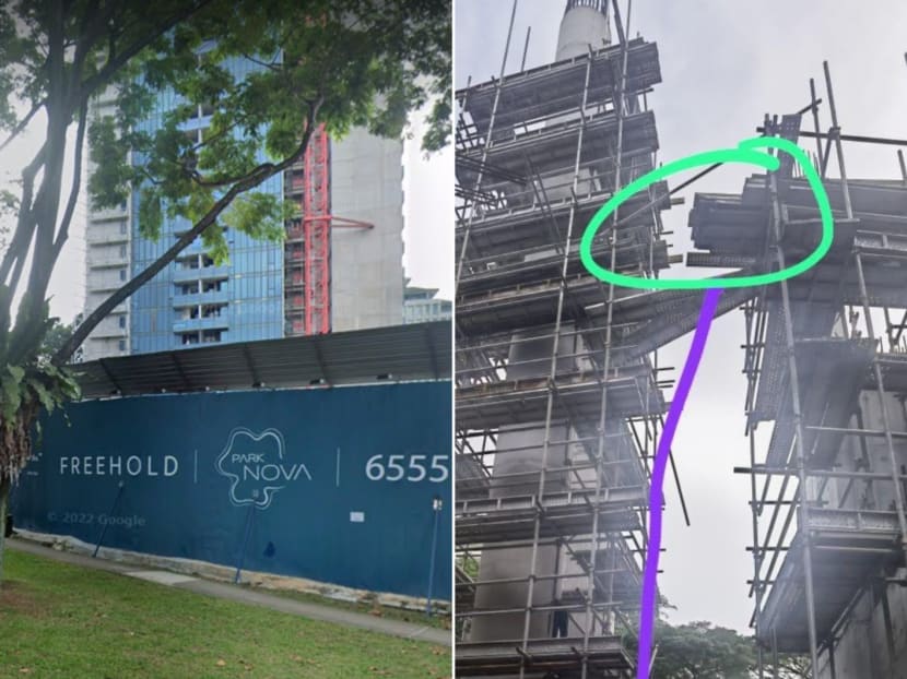 Screenshots of a construction site at 18 Tomlinson Road (left) showing where a worker fell from height (right).