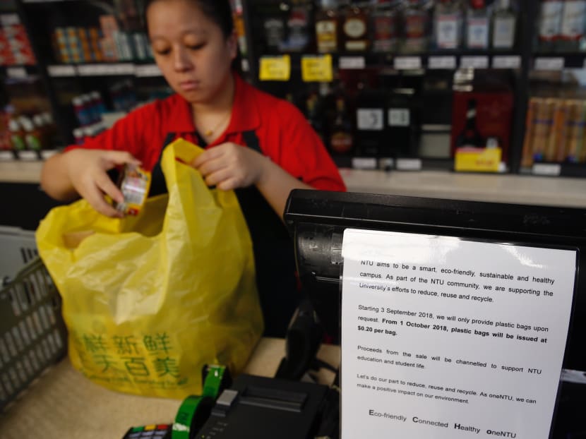 At Prime Supermarket in NTU, a 20-cent charge for plastic bags will kick in next month.