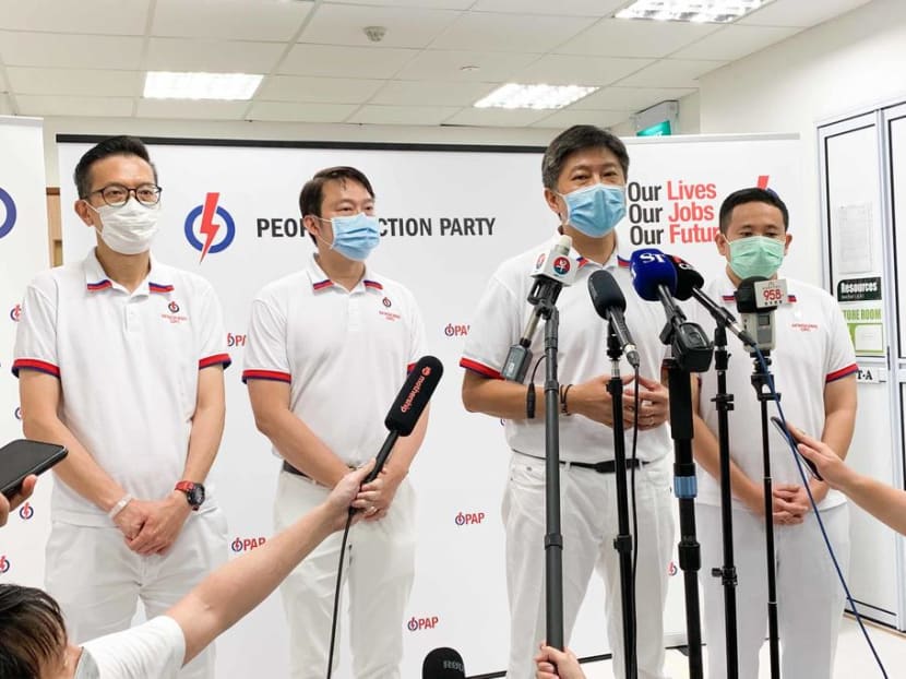 The team fielded by the People's Action Party in Sengkang Group Representation Constituency speaking to members of the media on July 11, 2020, after losing to the Workers' Party in the General Election.
