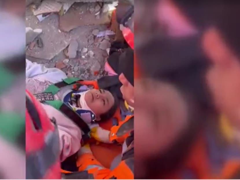 A still image taken from video shows the moment 17-year-old Aleyna Olmez was pulled alive from the rubble of a building in Kahramanmaras 248 hours after a 7.8-magnitude quake struck Turkiye.