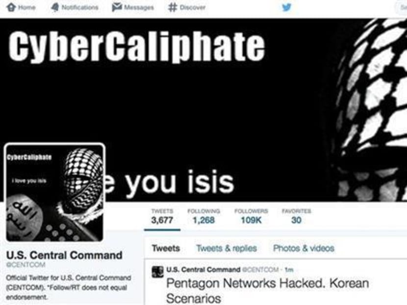 This screen grab made yesterday (Jan 12) shows the front page of the US Central Command twitter account after is was hacked. Photo: AP