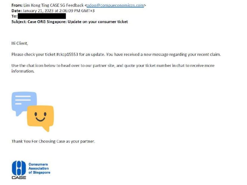 A phishing email impersonating Consumers Association of Singapore officers.