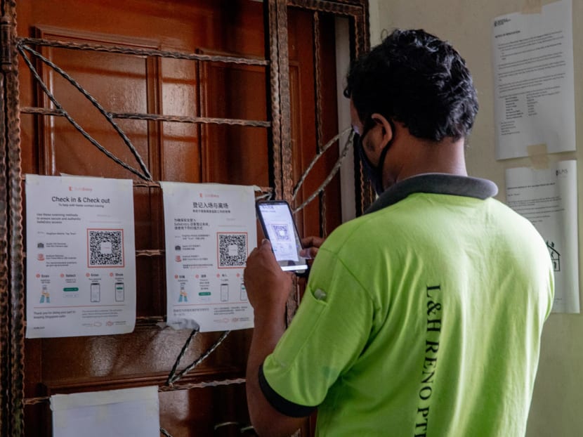 As part of safety measures for Covid-19, migrant workers are required to use the SafeEntry digital system to check in and check out of work sites.