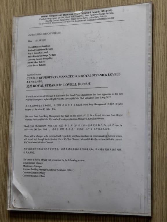 A notice seen in a lift informing residents of the change of property manager for Royal Strand and Lovell building at Country Garden Danga Bay in Johor Bahru on Aug 3, 2022. 