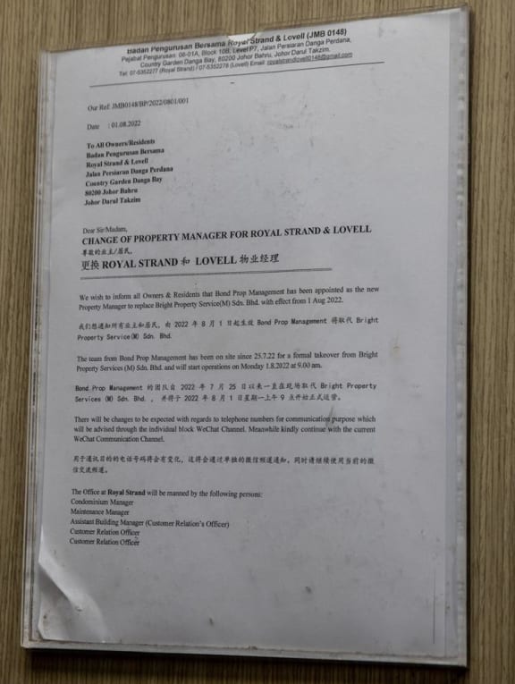 A notice seen in a lift informing residents of the change of property manager for Royal Strand and Lovell building at Country Garden Danga Bay in Johor Bahru on Aug 3, 2022. A notice seen in a lift informing residents of the change of property manager for Royal Strand and Lovell building at Country Garden Danga Bay in Johor Bahru on Aug 3, 2022.