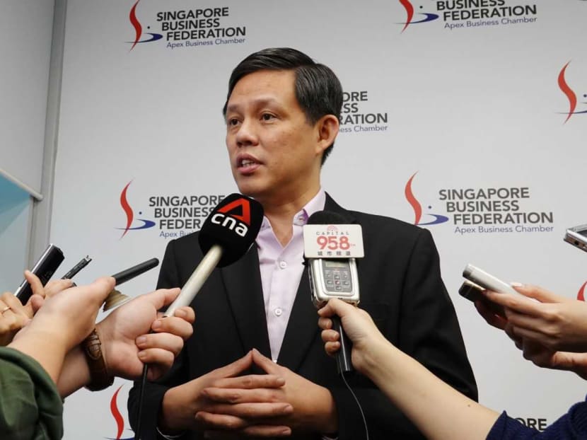 Trade and Industry Minister Chan Chun Sing at a doorstop interview on Feb 14, 2020 at the Singapore Business Federation.