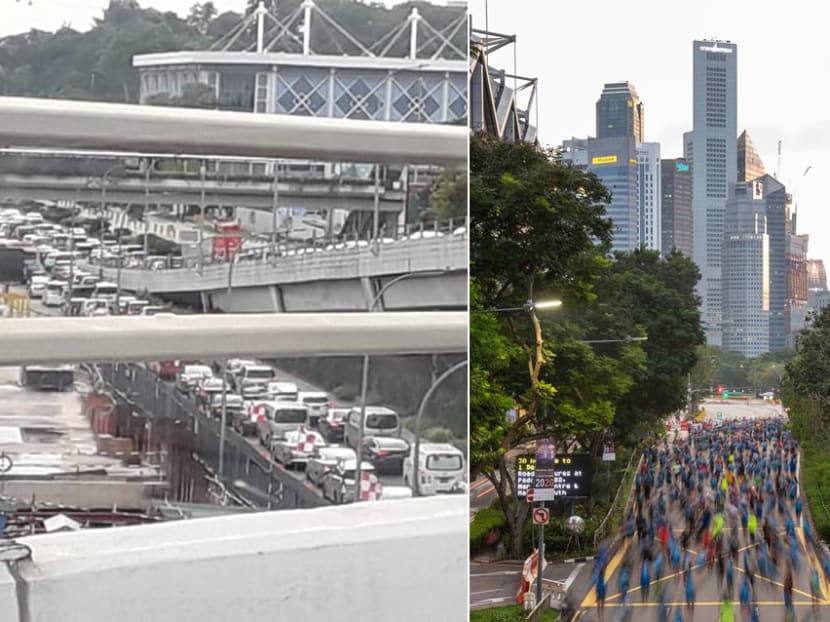 Bumper-to-bumper traffic along Keppel Viaduct and Keppel Road on Nov 30, 2019 caused by road closures for the Standard Chartered Singapore Marathon.